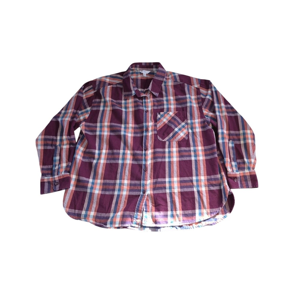 Time and Tru Women's Burgundy Plaid Flannel Shirt, Large, Regular Fit